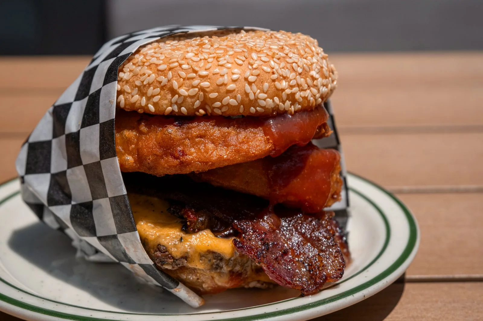Western burger with bacon and onion rings
